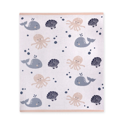 Sweet sea-themed 100% organic cotton knitted baby blanket.