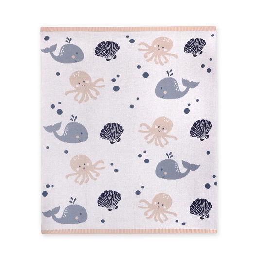 Sweet sea-themed 100% organic cotton knitted baby blanket.