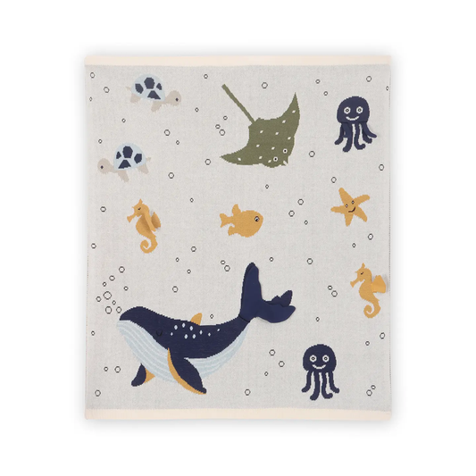 Sweet sea-themed 100% organic cotton knitted baby blanket.