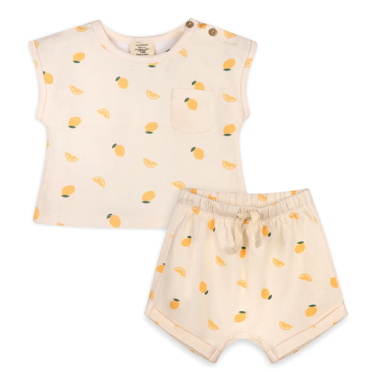 Lemon-print organic cotton baby clothing gift set. Includes tee and shorts all organic.