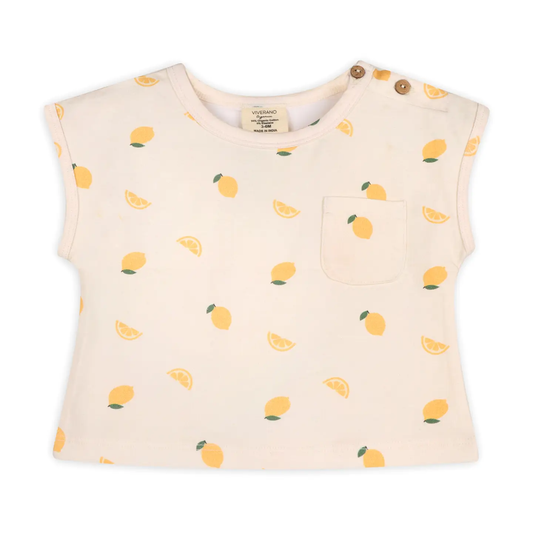Lemon-print organic cotton baby clothing gift set. Includes tee and shorts all organic.