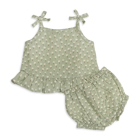 Organic muslin top and baby bloomers set for babies featuring a floral print in pastels