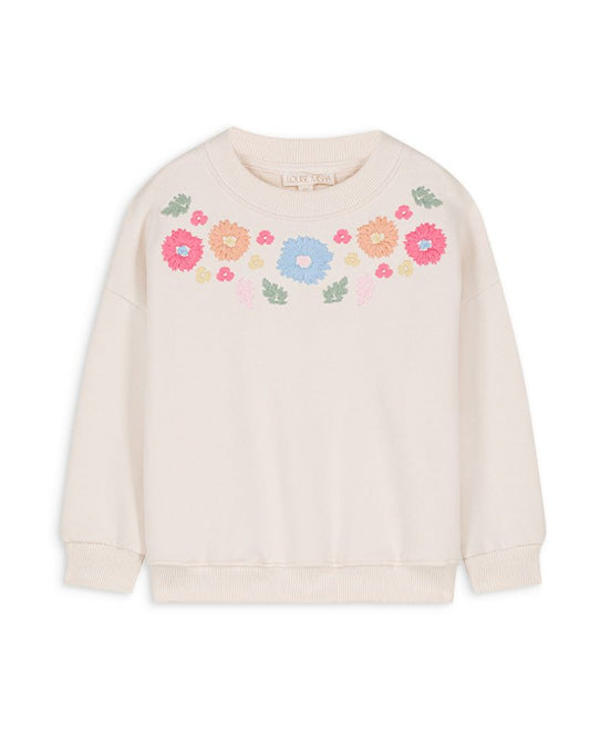 Lightweight French terry sweatshirt featuring flower embroideries under the collar. Made with 100% organic cotton.