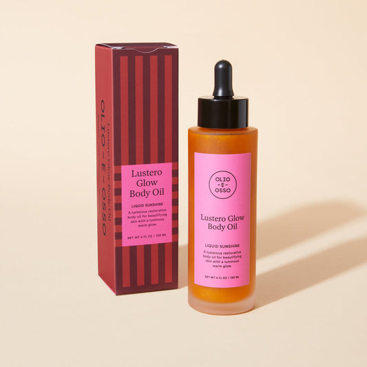 Olio e Osso Lustero Glow Body Oil. Like liquid sunshine in a bottle, this restorative body oil is an antioxidant-rich blend of nourishing natural oils is amazing for deep daily hydration while also adding a luminous warm glow to your skin.