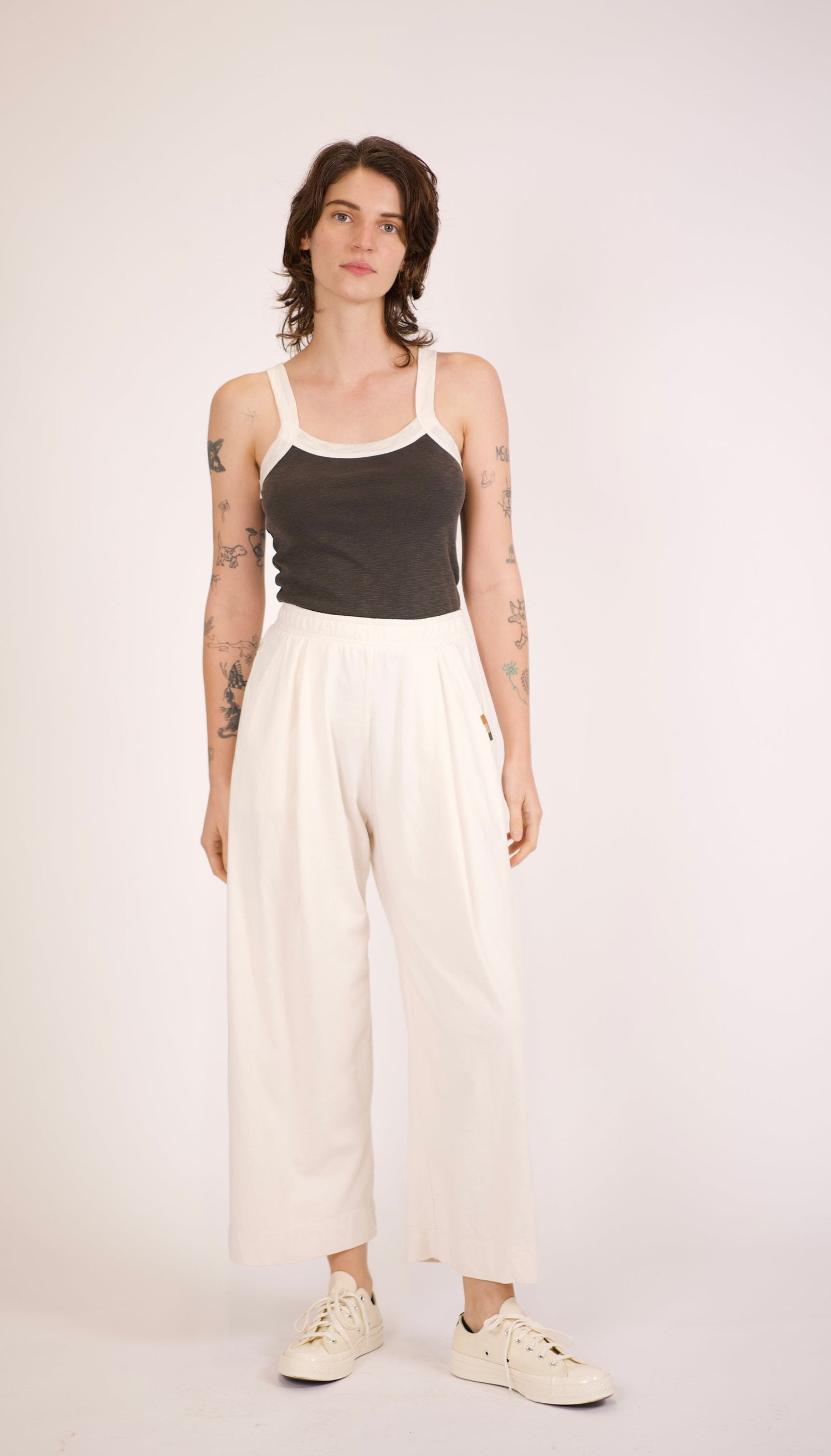 Slip-on wide-leg jersey slacks, elastic waistband, comfy yet chic! Made with 100% Organic Cotton Jersey.