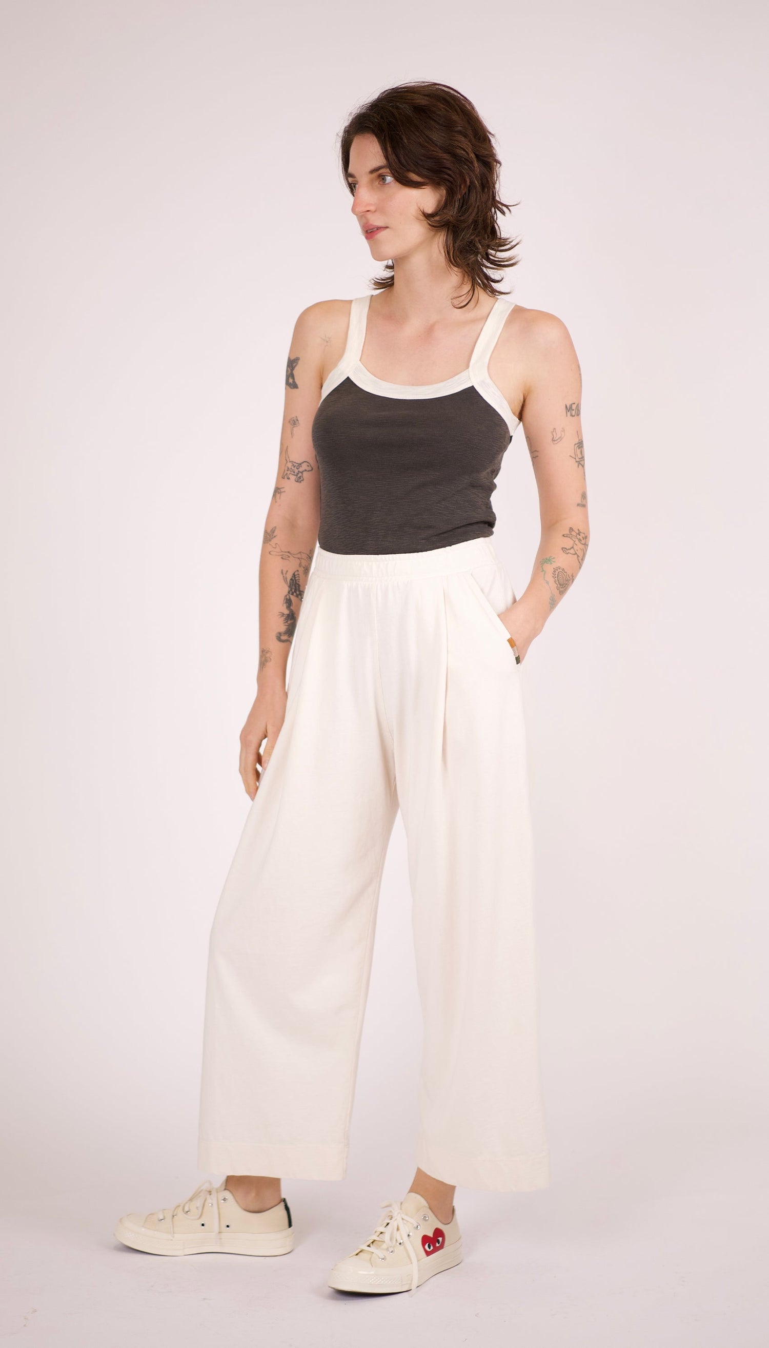 Slip-on wide-leg jersey slacks, elastic waistband, comfy yet chic! Made with 100% Organic Cotton Jersey.