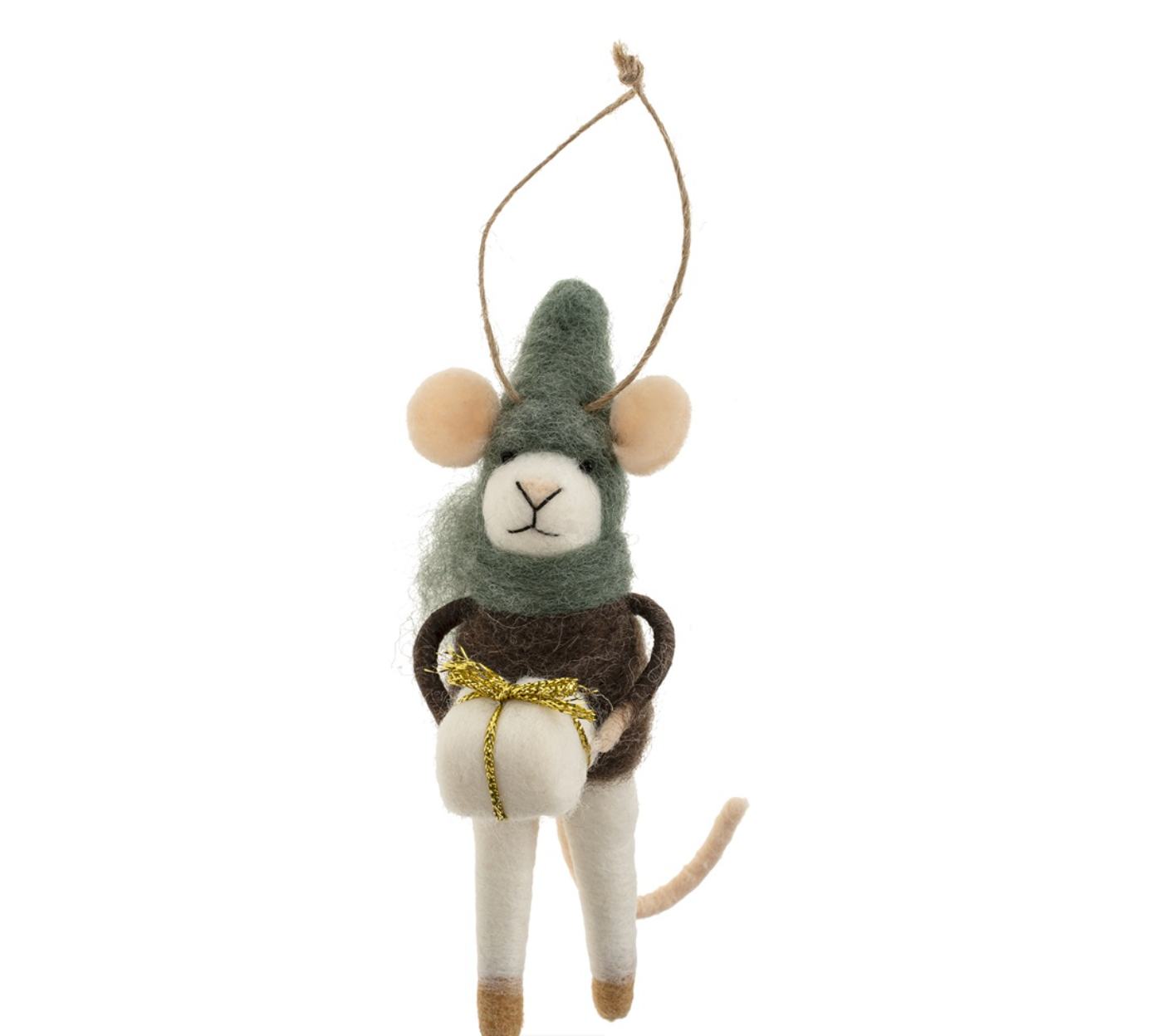 Decorative mouse ornament with a green hat and gold chain on a white background