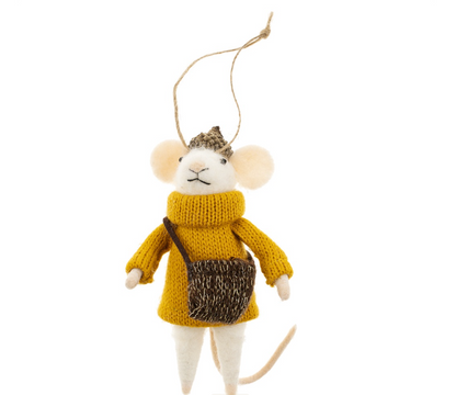 Decorative mouse ornament wearing a yellow sweater with a bag, on a white background