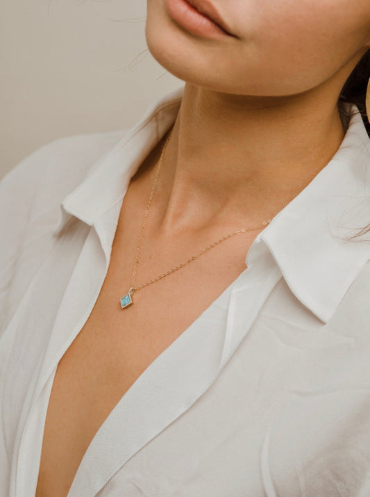 Mountainside Mesa Necklace - In this design, the delicate diamond shaped custom cut stone the real star. A tiny wearable work of natural stone art, a cut and polished slice of rock and mineral formed in the earth ~ a symbol of growth, development and change. Handmade in the Santa Cruz Mountains.