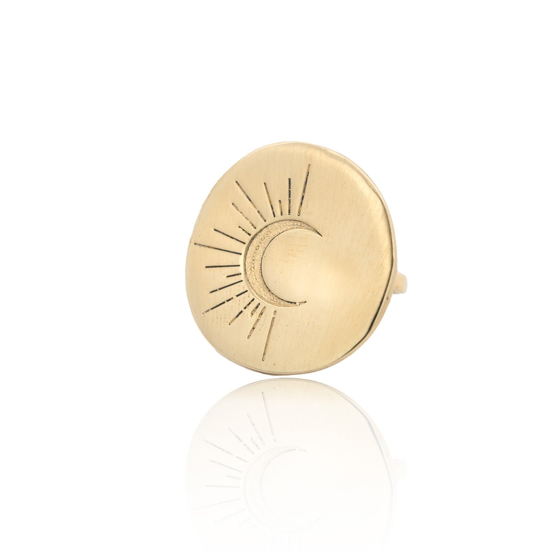 Created from an original hand carved wax and then cast into metal by artisans in Los Angeles, this statement piece has timeless elegance.  Beautifully engraved with a crescent moon, symbolizing regeneration and rebirth. Made from recycled brass or sterling silver - designed and handmade in Downtown Los Angeles.