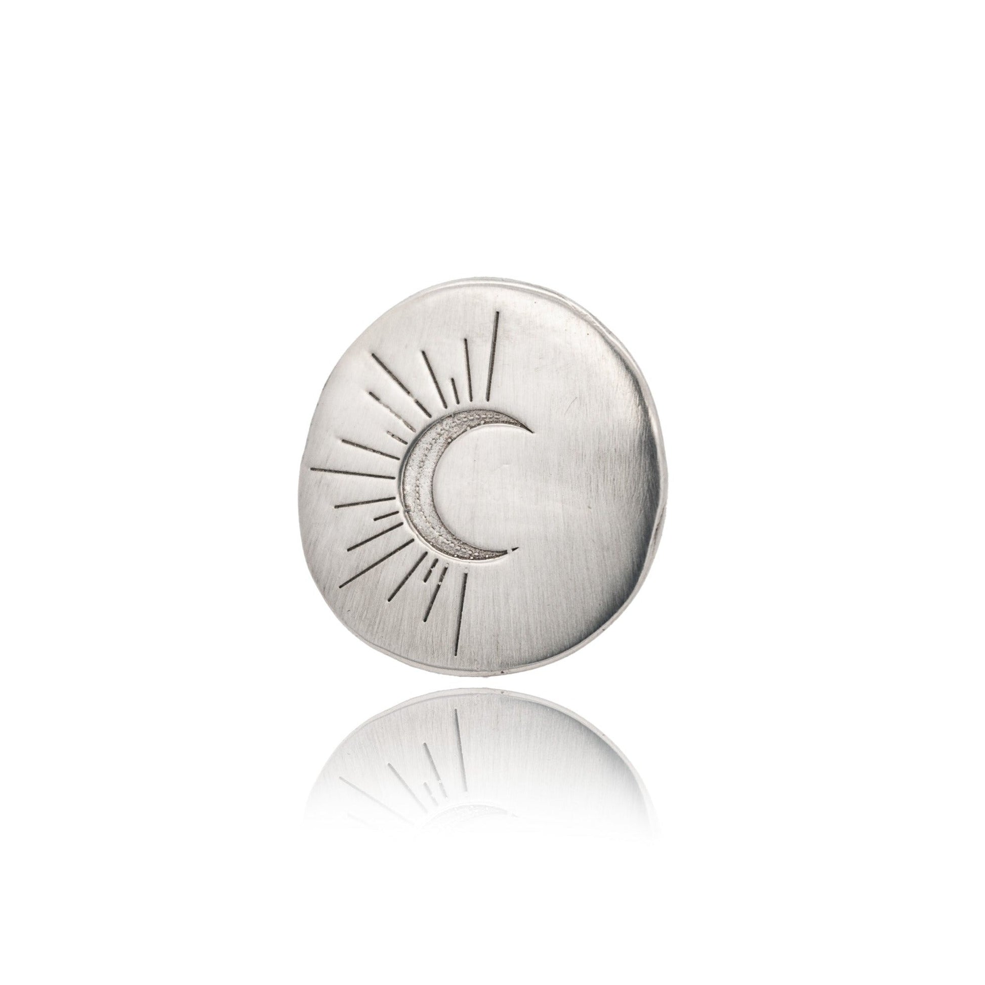 Created from an original hand carved wax and then cast into metal by artisans in Los Angeles, this statement piece has timeless elegance.  Beautifully engraved with a crescent moon, symbolizing regeneration and rebirth. Made from recycled brass or sterling silver - designed and handmade in Downtown Los Angeles.