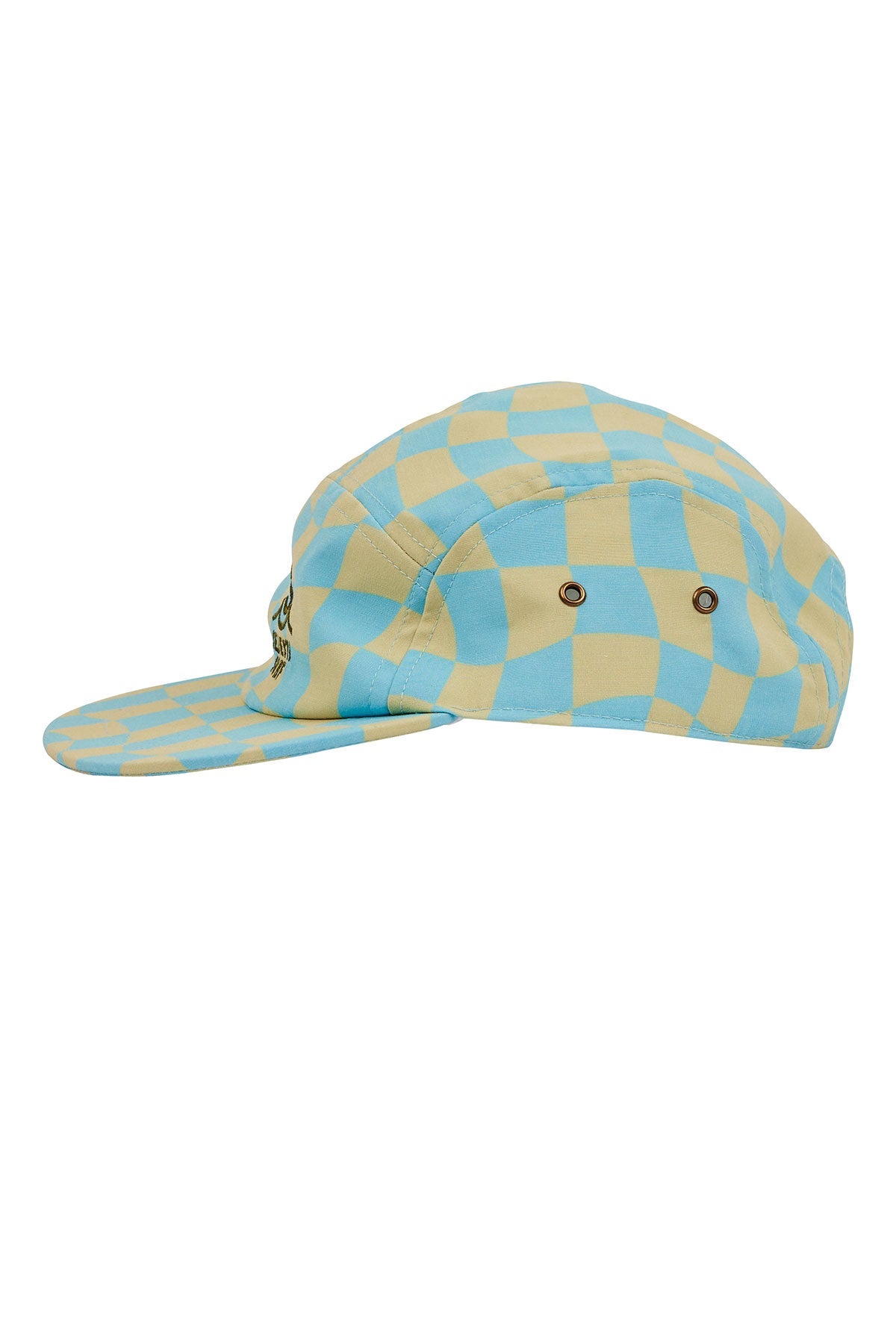 Check it out! Custom wavy checker print made exclusively for Seaesta Surf, perfect for sea-loving sidewalk surfers. Seaesta Surf kids five panel hats are earth and performance conscious, featuring eco-friendly fabrics and a full brim to keep your kiddos covered while they play