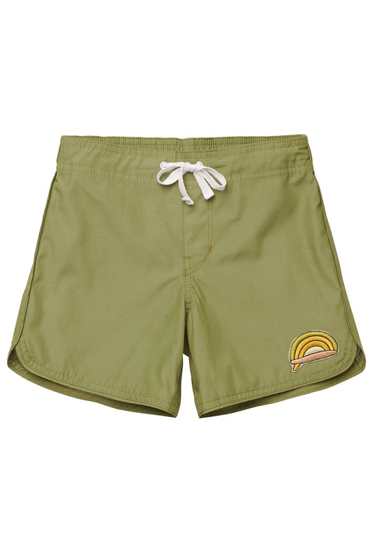 Seaesta Surf kids boardshorts are earth and performance conscious, featuring eco-friendly fabrics and signature vintage-inspired boardshort design. These are pastel earth tone solid boardshorts with a custom Surfy Birdy rainbow wave patch, designed just for Seaesta Surf. 
