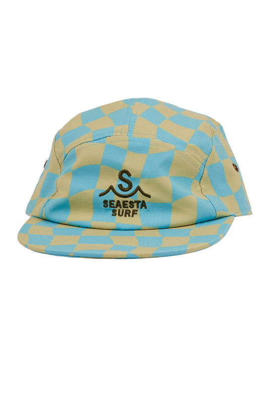 Check it out! Custom wavy checker print made exclusively for Seaesta Surf, perfect for sea-loving sidewalk surfers. Seaesta Surf kids five panel hats are earth and performance conscious, featuring eco-friendly fabrics and a full brim to keep your kiddos covered while they play