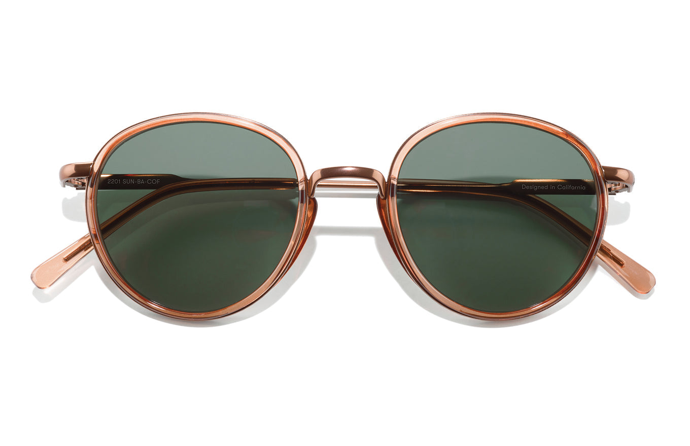 Eco-friendly polarized sunglasses made from recycled plastic. The Baia is a small sized round frame with enhanced glare protection. Unisex, rocked by guys and gals worldwide.