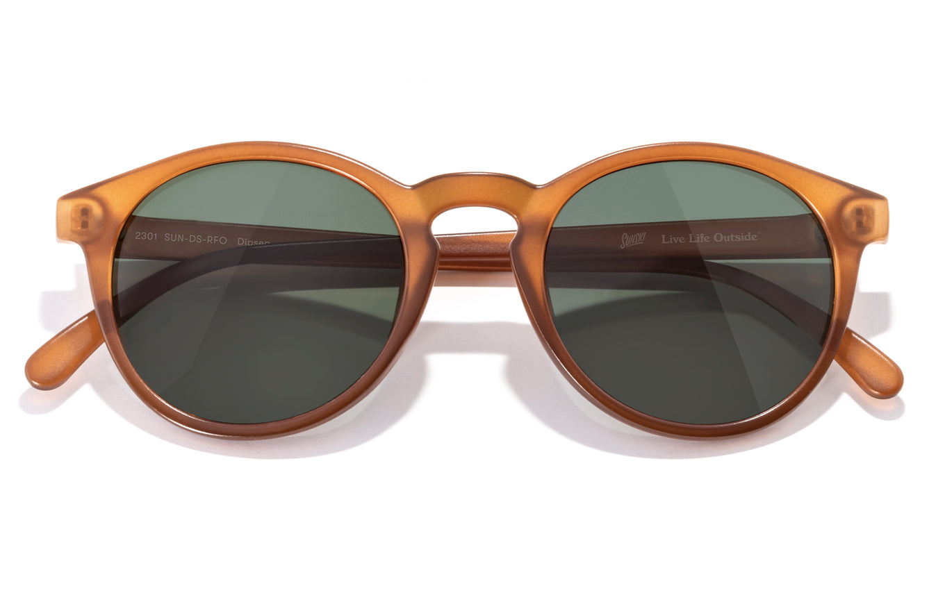 Eco-friendly polarized sunglasses made from recycled plastic. The Dispeas are a medium-coverage, medium-sized frame that works best on small to medium faces. Unisex, and rocked by guys and gals nationwide.