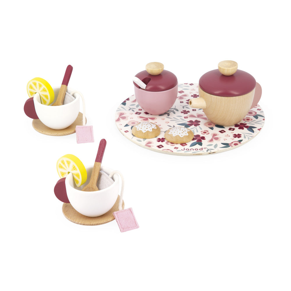 janod twist tea set / Invite your friends to a Tea Party with this pretty floral tea set!  Includes a teapot, a sugar bowl, two cups, two saucers, and three spoons made of wood, as well as 2 felt teabags, 2 lemon slices, and 2 biscuits to satisfy their guests.