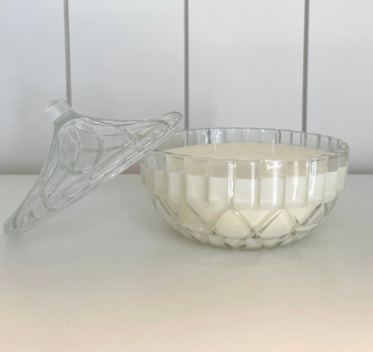 Vintage glassware and soy candle.
