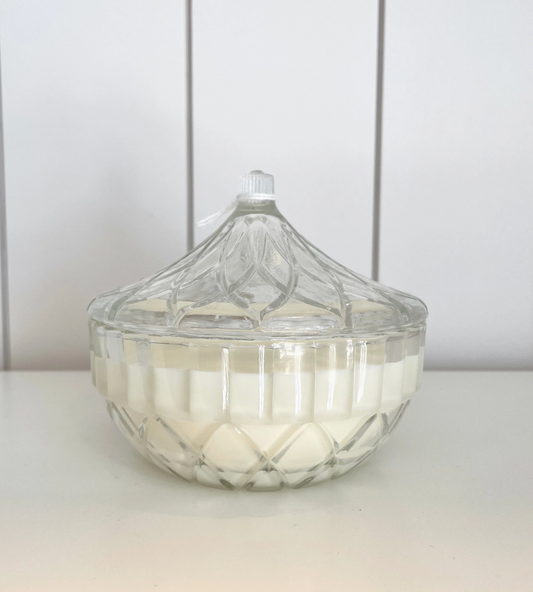 Vintage glassware and soy candle.
