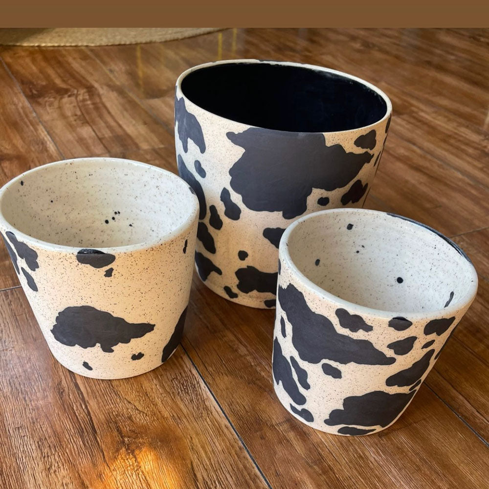 Handmade ceramic planter with a fun, hand painted cow print! Made with love in Oceanside, California by Hola Tonto Ceramics.