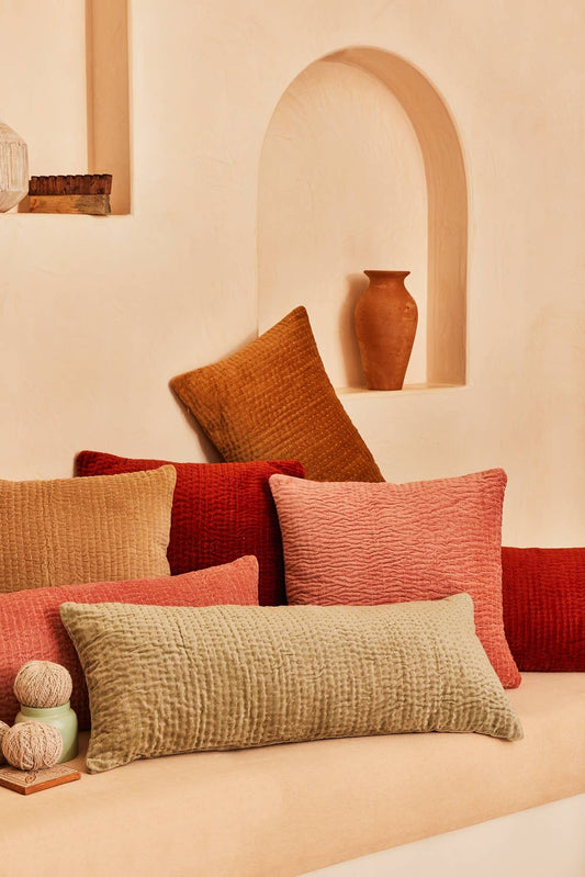Casa Amarosa Plush Velvet Kantha Lumbar Pillow : Plush velvet meets this lumbar cushion's solid style, which is created using an ancient stitching technique, Kantha.  Ethically made in India.