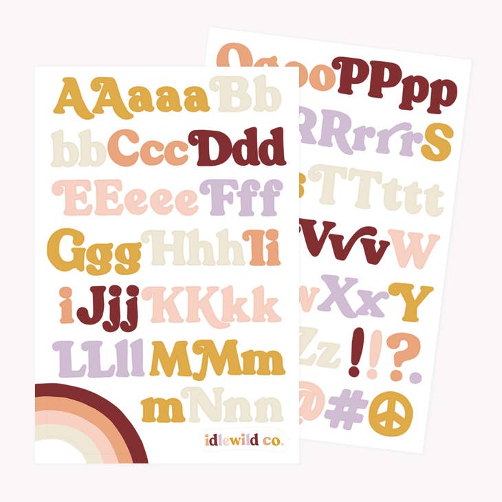 groovy alphabet Stickers are perfect for laptops, water bottles, notebooks, phone cases, cars, ANYWHERE!  These die cut stickers are printed on matte-coated, water-resistant paper stock for maximum longevity.