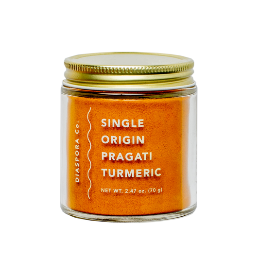 Pragati Tumeric Grown by the beloved Kasaraneni family amidst marigolds, bananas, and black rice on their 3rd generation farm. 