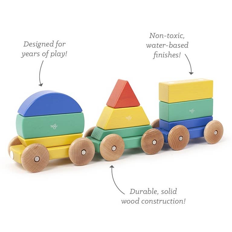 Enjoy three magnetically connected cars, a circle, a triangle, and a square. Sort and stack the blocks into their original shapes or mix and match to create your very own train. All pieces are magnetic and compatible with each other.