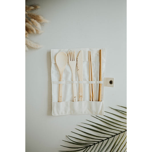 Zero Waste Mvmt Travel Bamboo Utensil Set sold at Thread Spun. All-natural, eco-friendly, biodegradable bamboo cutlery set including fork, spoon, knife, chopsticks and a straw + cleaner brush. It is the perfect size to keep in your car, purse, backpack, or lunchbox! 