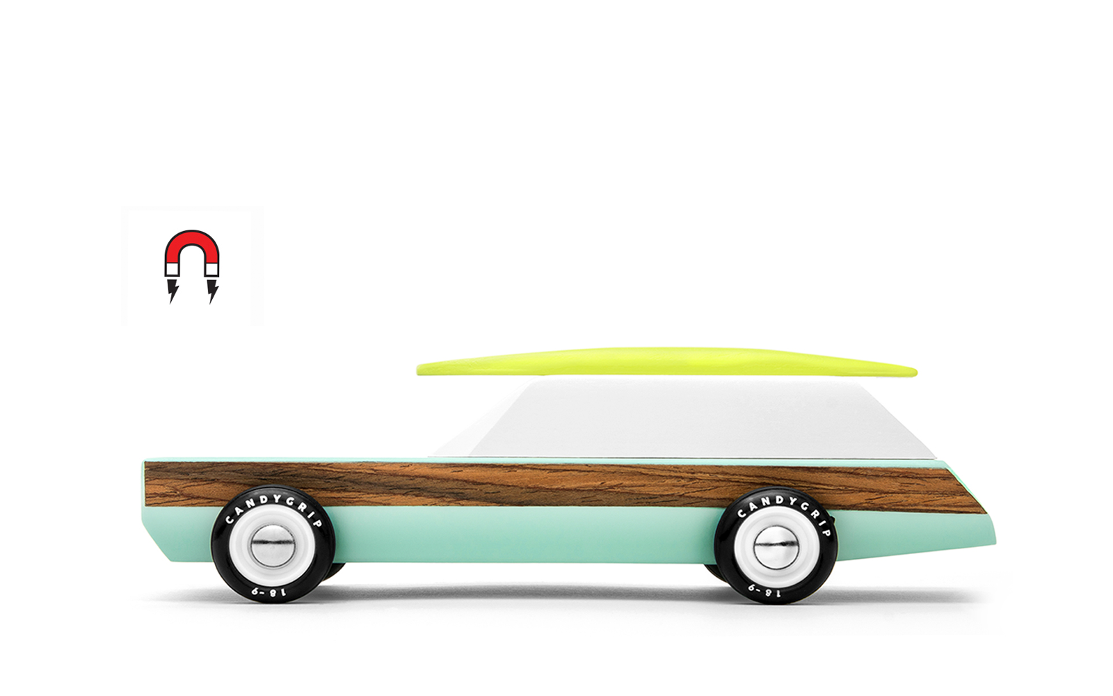 The famous classic, now in a boxier 80's vibe. With real veneer-paneled sides and a magnet embedded in the roof, it comes with a surfboard that snaps onto it. This car also features a magnetic tow hook - allowing it to hitch to our equally awesome trailer.