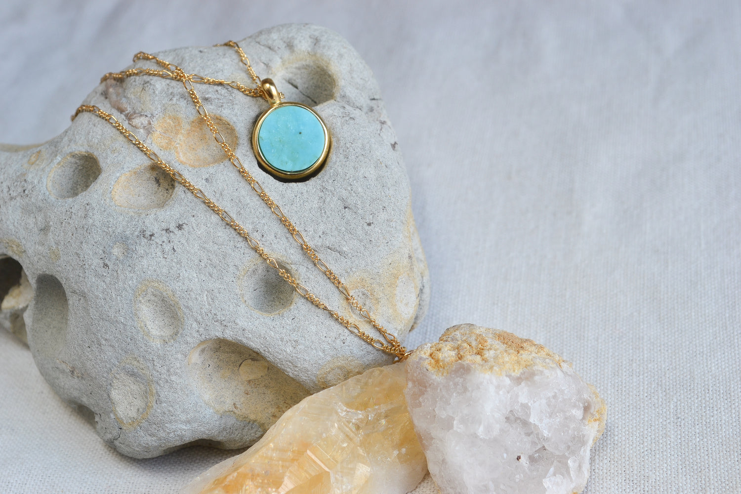Handmade stone necklace featuring ethically sourced stones on gold-fill or sterling silver, sturdy figaro chain. These are heirloom pieces to hand down.