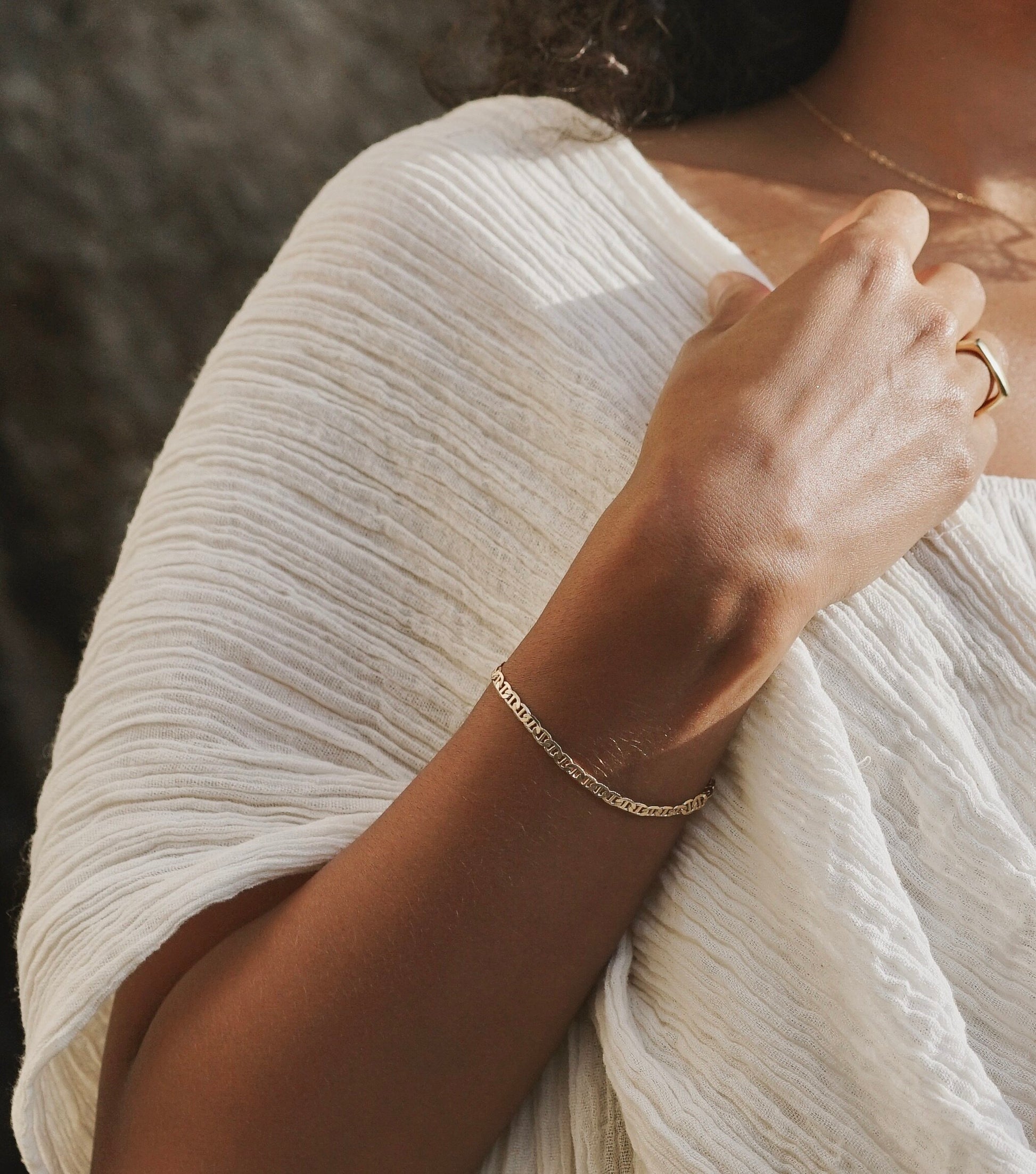 A unique statement bracelet ~ the Fortune Bracelet is an elegant and minimal chain link bracelet that glides and dips along the wrists. Made in 18K gold fill, this piece stands out beautifully when layered or worn alone. Handmade in the Santa Cruz Mountains.