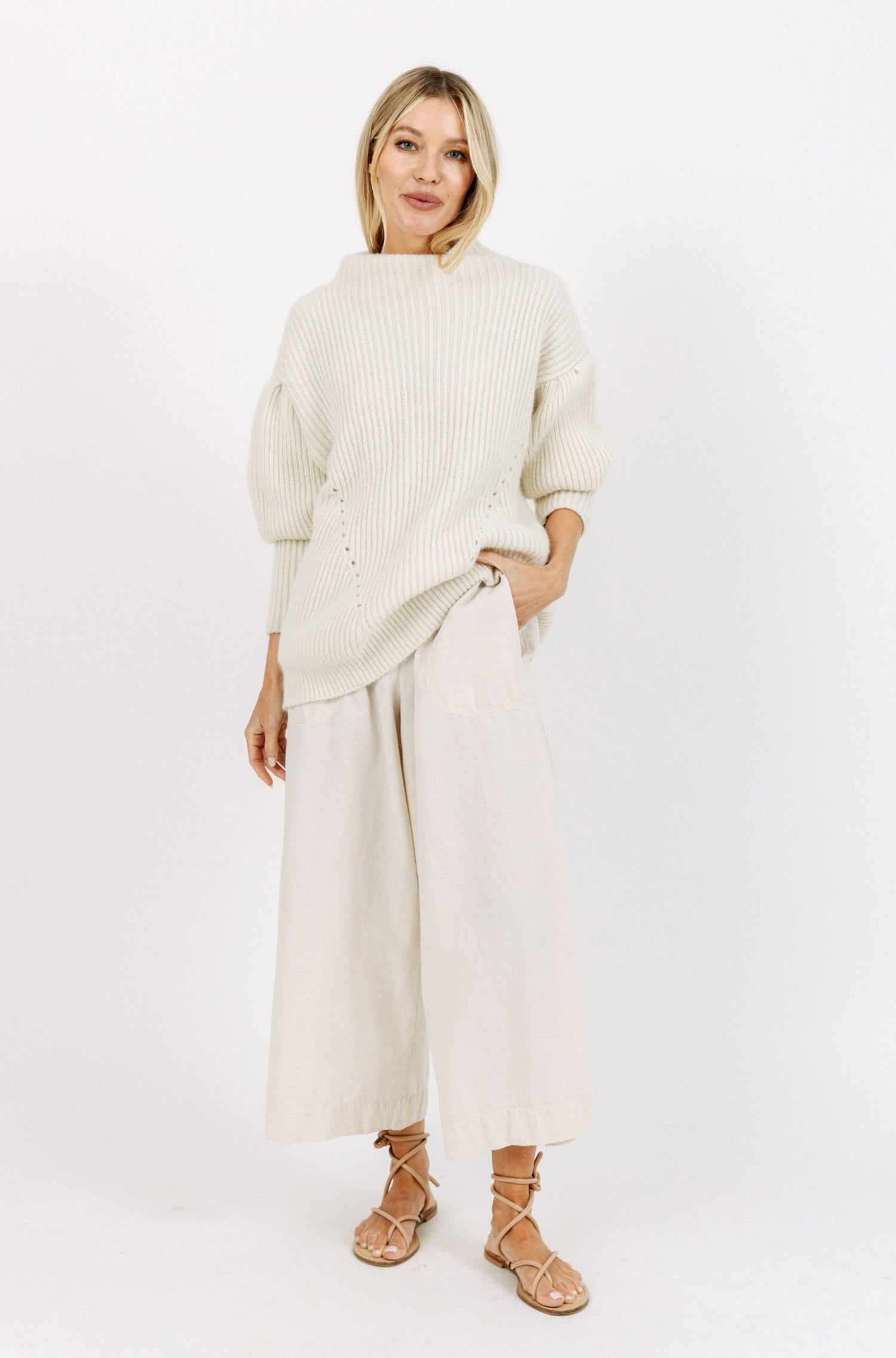 This paperbag waist pant is comfy, roomy, high waisted and wide legged. Wear it seaside with a swimsuit or with your favorite blouse tucked in. Ethically made in India.