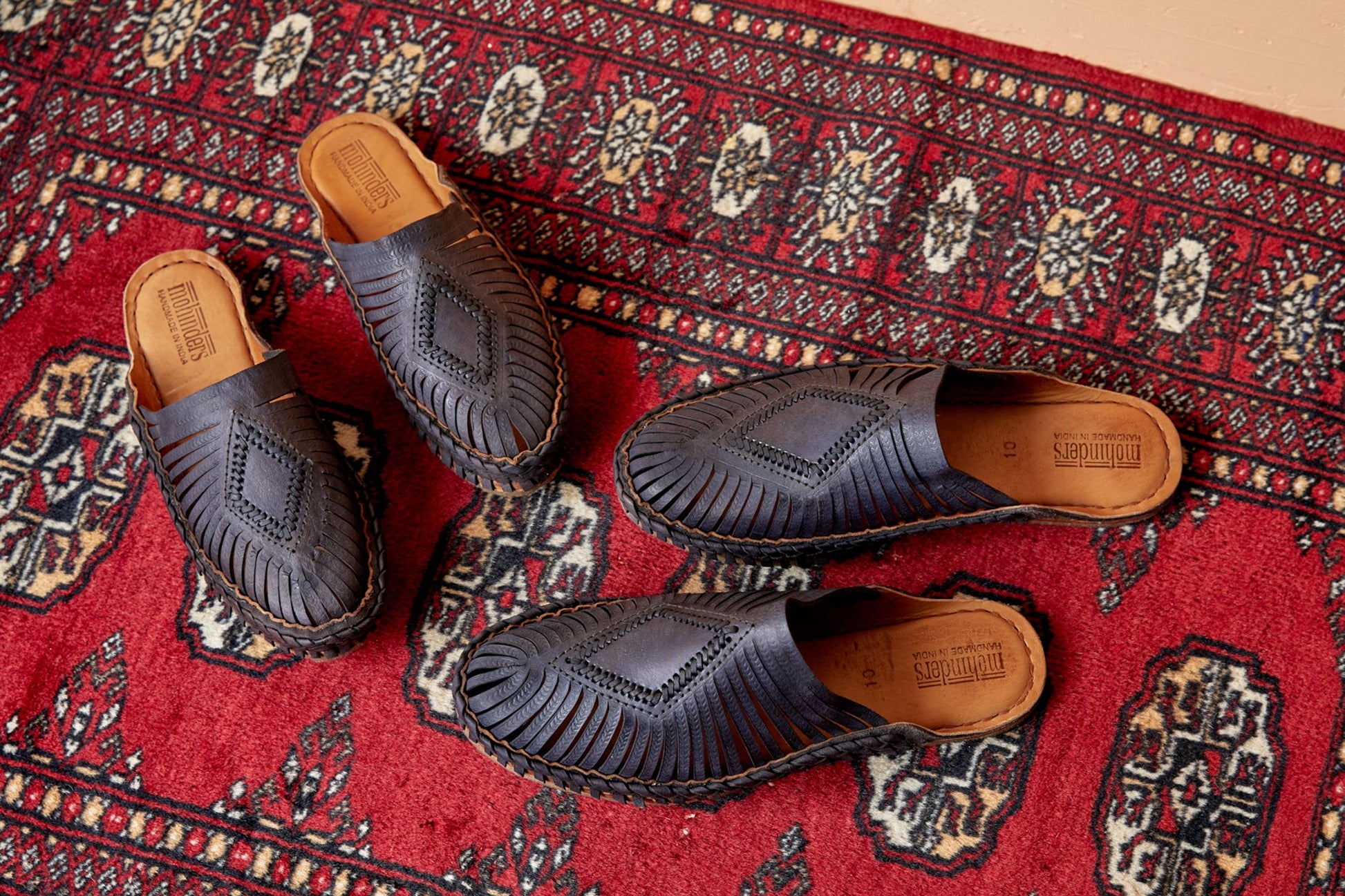 Women's iron dyed leather diamond slides by mohinders, made by hand in athani, india by master shoemakers
