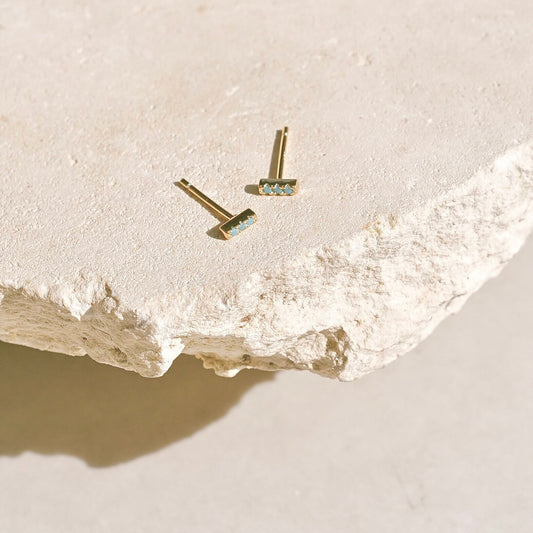 Nile Earrings by Mountainside Jewelry. Delicate bar earrings with triple pave set stones. 14k Vermeil on sterling silver.  Handmade in the Santa Cruz Mountains.