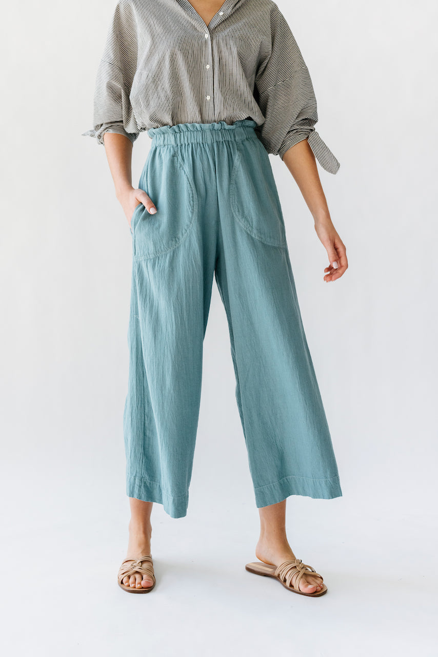 This paperbag waist pant is comfy, roomy, high waisted and wide legged. Wear it seaside with a swimsuit or with your favorite blouse tucked in. Ethically made in India.