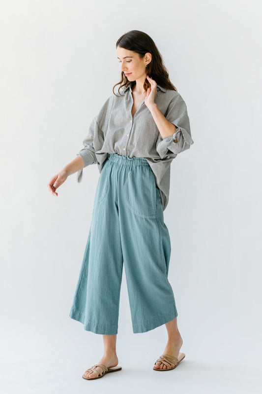 This paperbag waist pant is comfy, roomy, high waisted and wide legged. Wear it seaside with a swimsuit or with your favorite blouse tucked in. Ethically made in India.