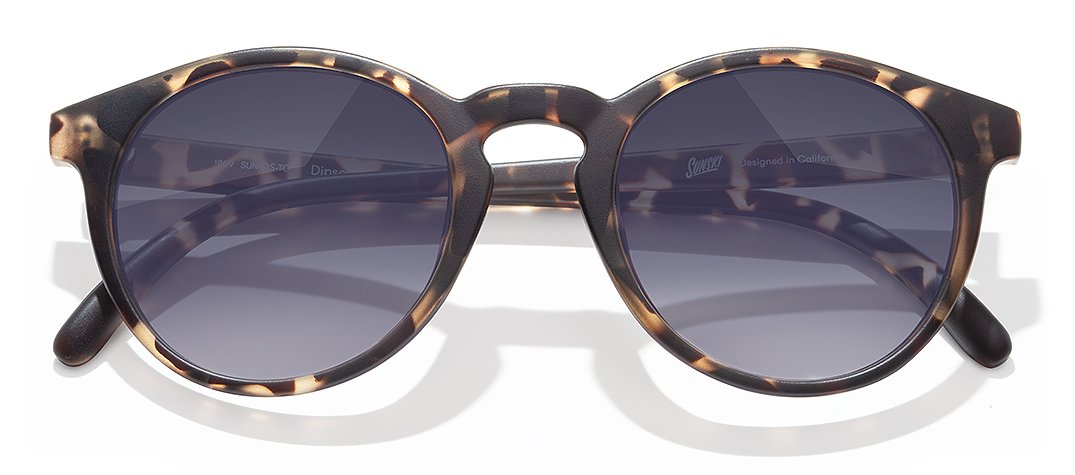 Polarized sunglasses made from recycled resin in a tortoise shell color.