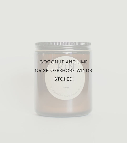 Surf Wax Candle by Kin Candle Co. Tropical and cleansing. Sweet coconut and freshly squeezed lime inspired by the iconic smell of surf wax.