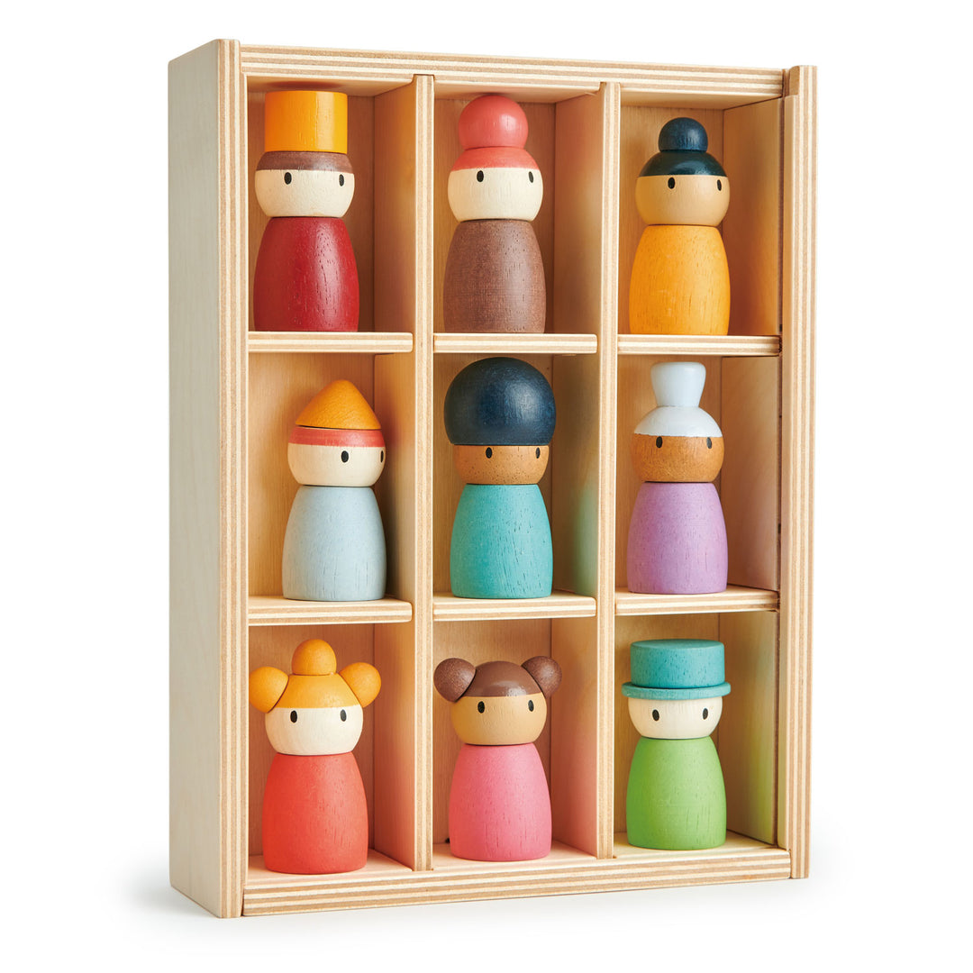 Happy folk hotel by Tenderleaf toys includes 9 wooden peg dolls and their hotel home