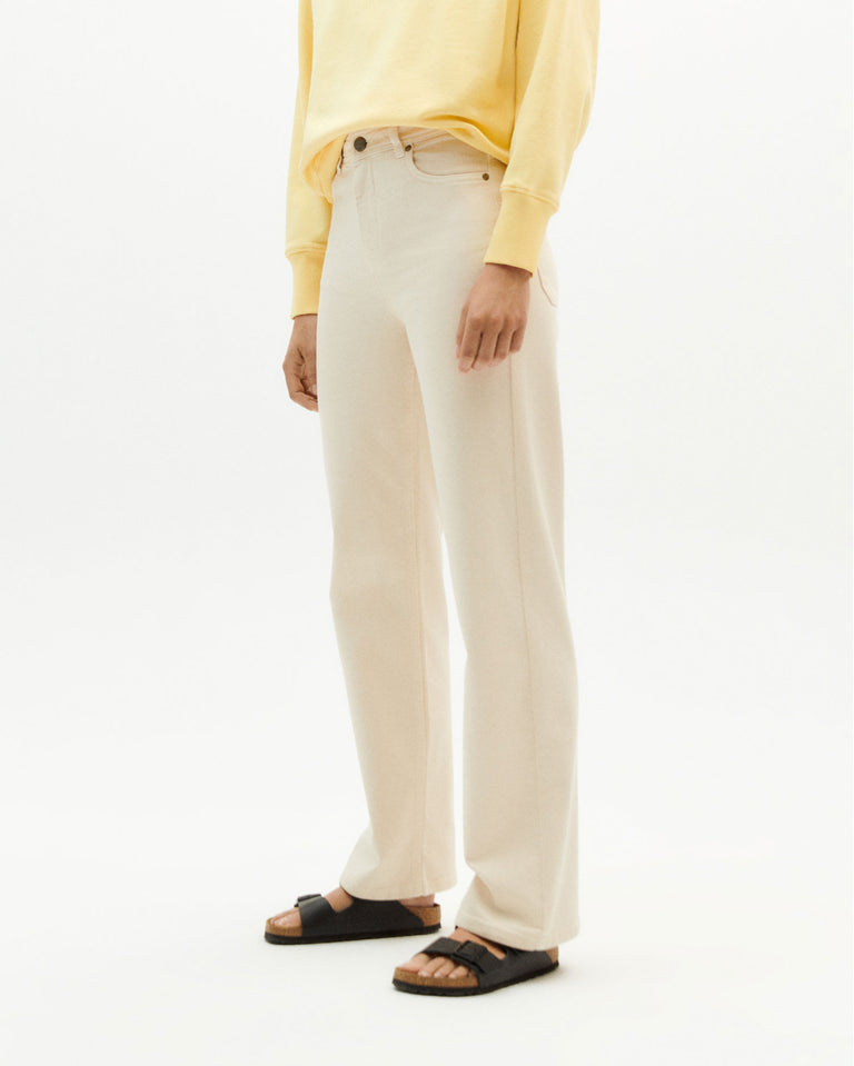 A classic, high waisted pant with straight cut leg.  99% organic cotton 1% elastane - Sustainably made in Turkey. ivory theresa pants by thinking mu
