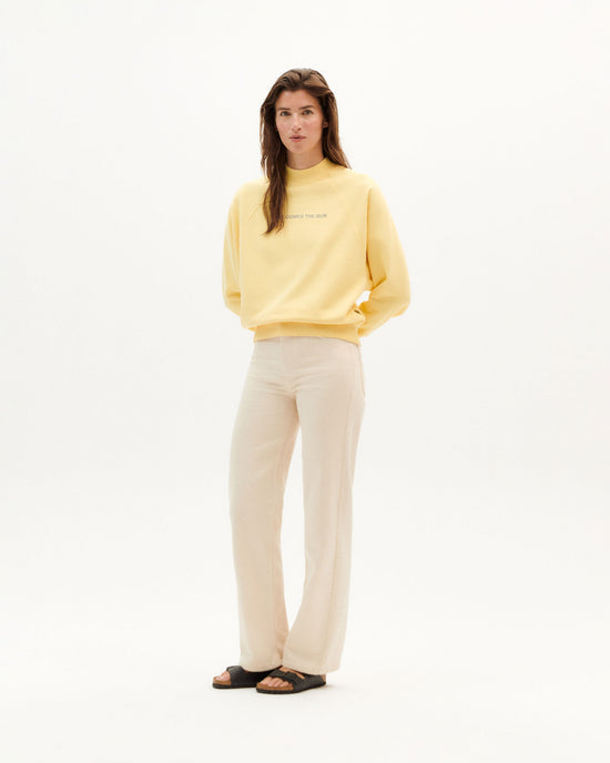 A classic, high waisted pant with straight cut leg.  99% organic cotton 1% elastane - Sustainably made in Turkey. ivory theresa pants by thinking mu