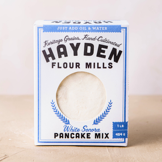 hayden flour mills white sonora pancake mix: This pancake mix features White Sonora, a sweet buttery grain that is the oldest wheat variety in North America. Minimal ingredients are used so you can really taste the grain.  Simple just add water & butter mix