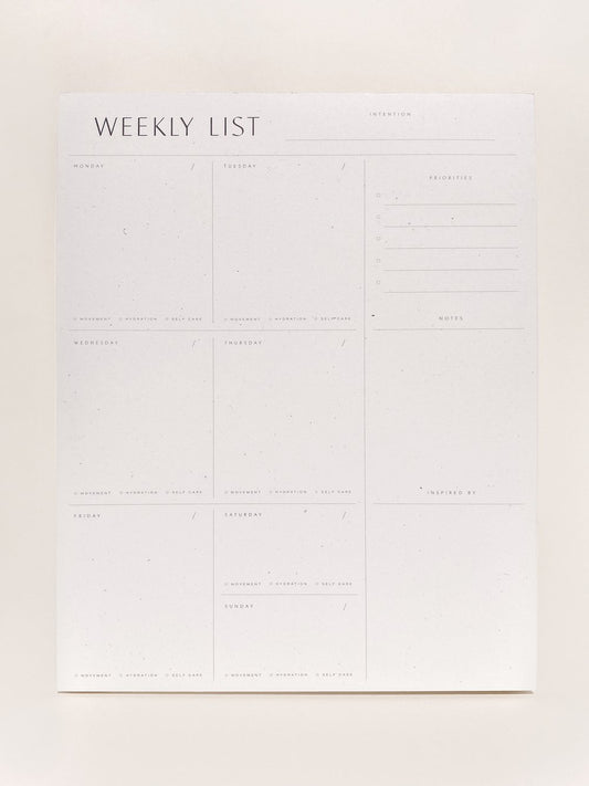 An essential from Wilde House Paper– Introducing the new & improved minimal desk accessory to organize your week & be your best self. Made with recycled paper.