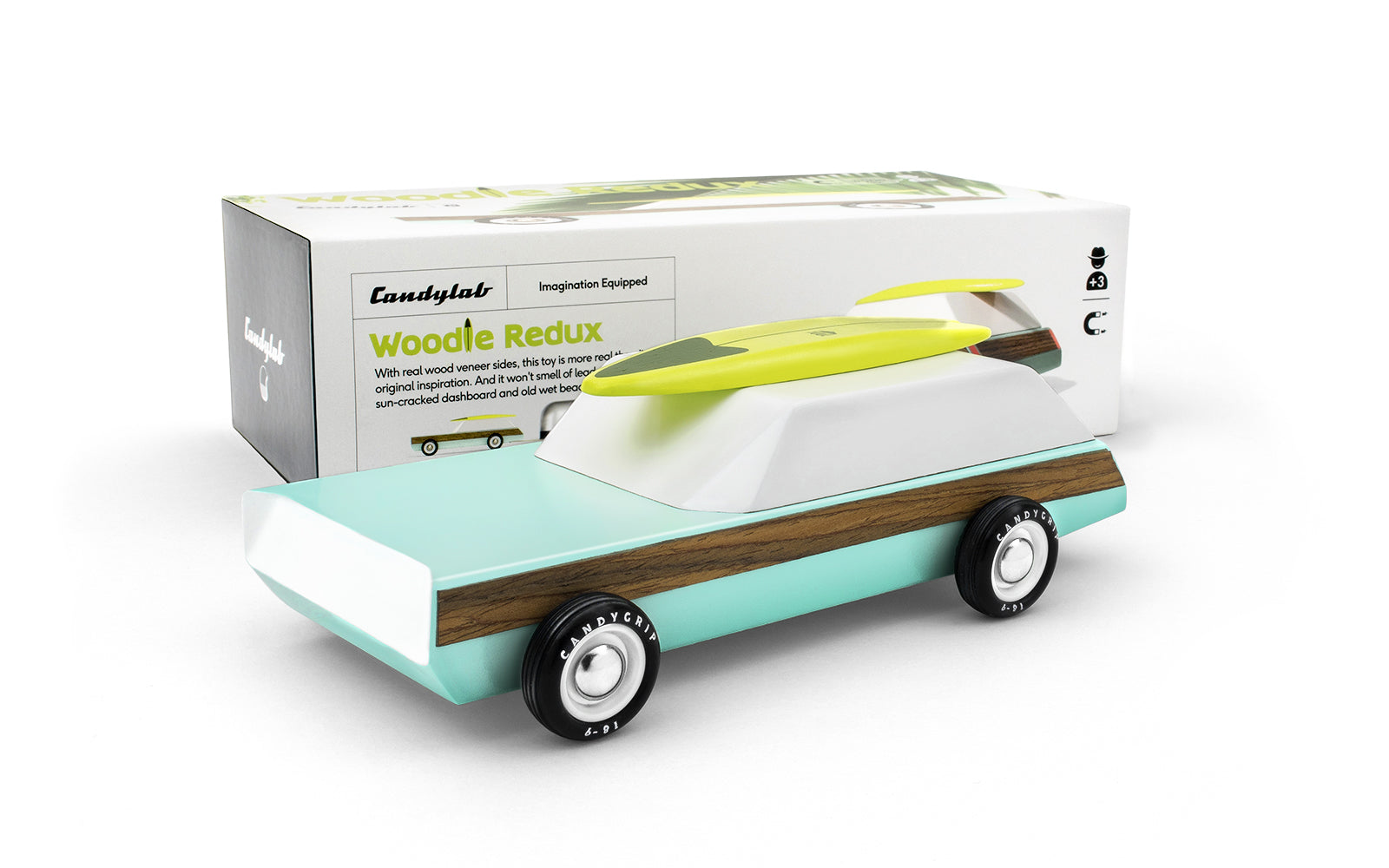 The famous classic, now in a boxier 80's vibe. With real veneer-paneled sides and a magnet embedded in the roof, it comes with a surfboard that snaps onto it. This car also features a magnetic tow hook - allowing it to hitch to our equally awesome trailer.