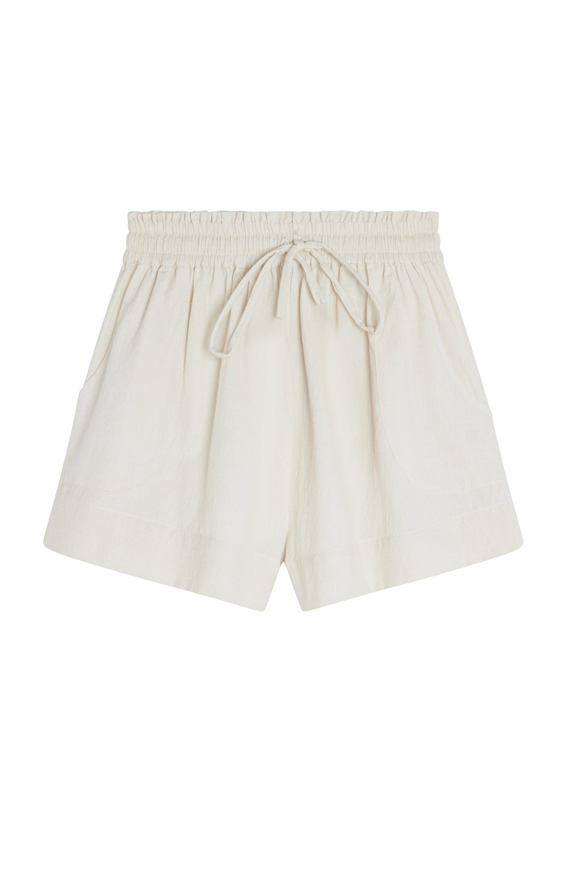 These bone colored shorts compliment any modern wardrobe. Featuring a comfortable fit with an elastic waist and drawstring, and pockets. 100% cotton. Ethically made in India.