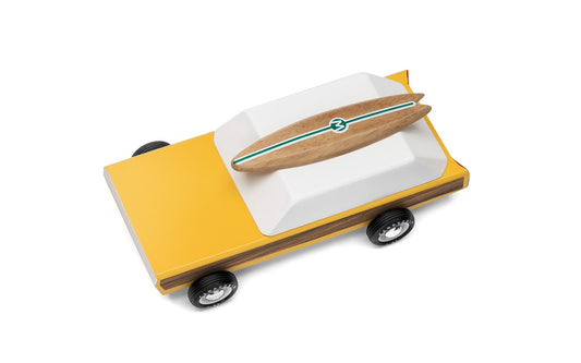 Woodie classic toy car by Candylab Toys. Includes surfboard.