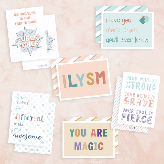 Lil love notes for your lil love bugs. Pop 'em in lunchboxes, snack packs, under pillows and wherever else they'll bring unexpected delight.  Pack of 12 notecards, 2 of each design.