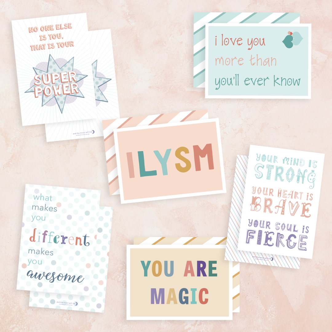 Lil love notes for your lil love bugs. Pop 'em in lunchboxes, snack packs, under pillows and wherever else they'll bring unexpected delight.  Pack of 12 notecards, 2 of each design.