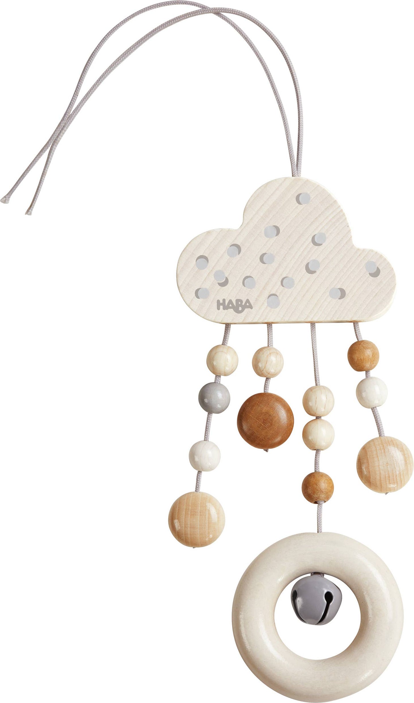 Rain cloud beautifully crafted from natural wooden balls and a bell to delight a baby's fancy. Practical loop makes it easy to attach to a car seat or stroller.